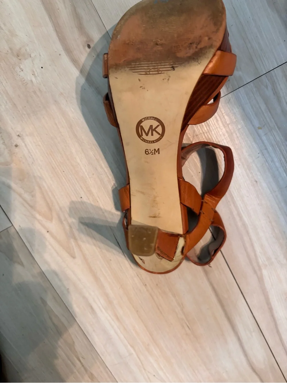 Michael Kors Tan Leather Strappy Wedge Sandals with Gold Buckles
